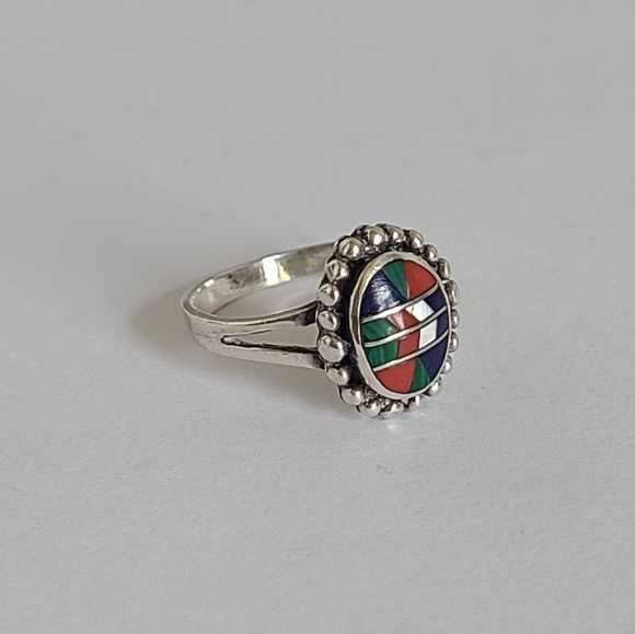 Vintage Boho Navajo Sterling Silver Inlaid Coral Lapis Malachite Mosaic Ring 5 - Picture 2 of 13